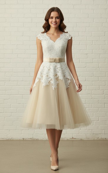 tea length lace bridesmaid dresses Elythara Chic Spaghetti Straps A-Line Tea Length Jacquard Party Dresses, Champagne main image 1