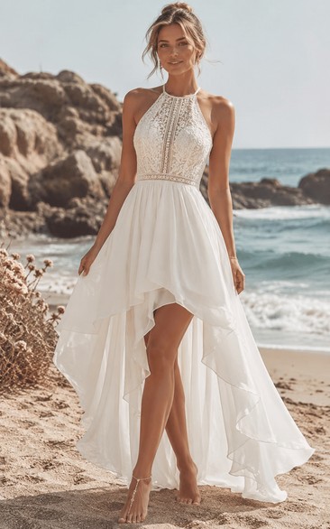 halter chiffon beach wedding dress Ivory High-low A-line with Lace (467585) beach wedding dress for bride