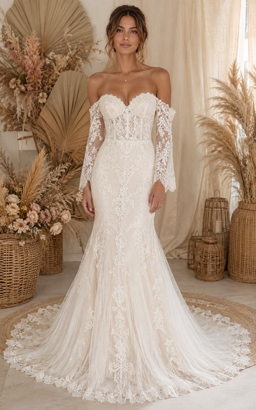 off the shoulder sweetheart mermaid wedding dress Classic Sweetheart Sleeveless Off-the-Shoulder Mermaid Lace Wedding Dress