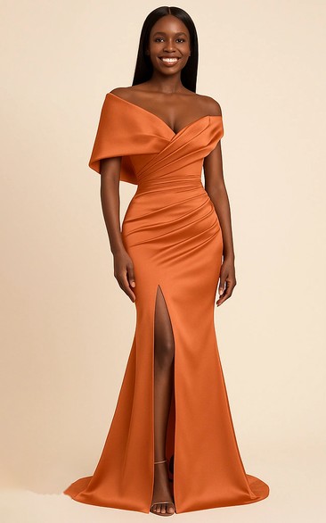 orange ruched dress women sexy Off-the-shoulder Orange Split Ruched Sexy Dress (IV_611132)