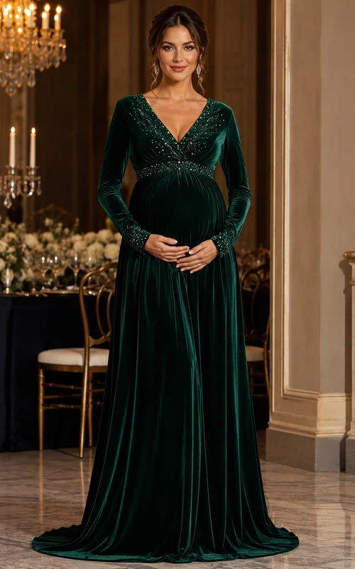 sequin maternity bridesmaid dresses Elegant Ruched Deep V-Neck Sequin Tulle Maternity Dress 2026 Floor-Length Formal Occasion
