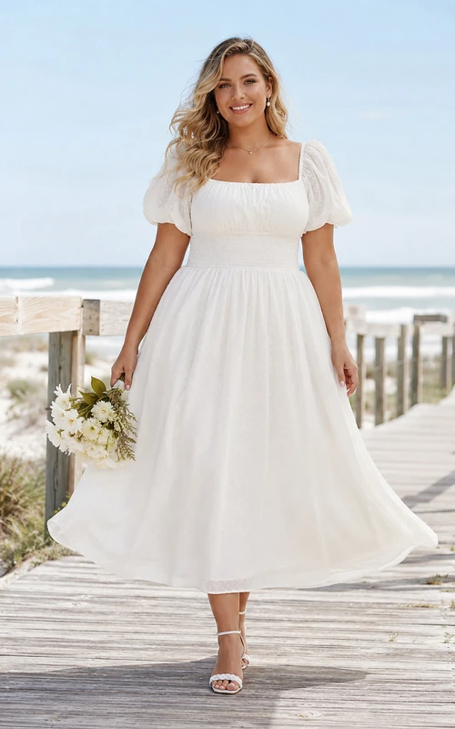 chiffon tea length straight neckline wedding dress Dresses & Gowns Scoop;Fabric Elegant Long Sleeve Tea Length