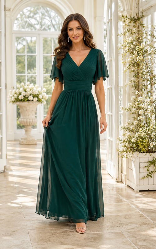 ruffle trim chiffon faux wrap bridesmaid dress Samantha Ruffle Wrap Dress ~ Moss Green Luxe Satin XS