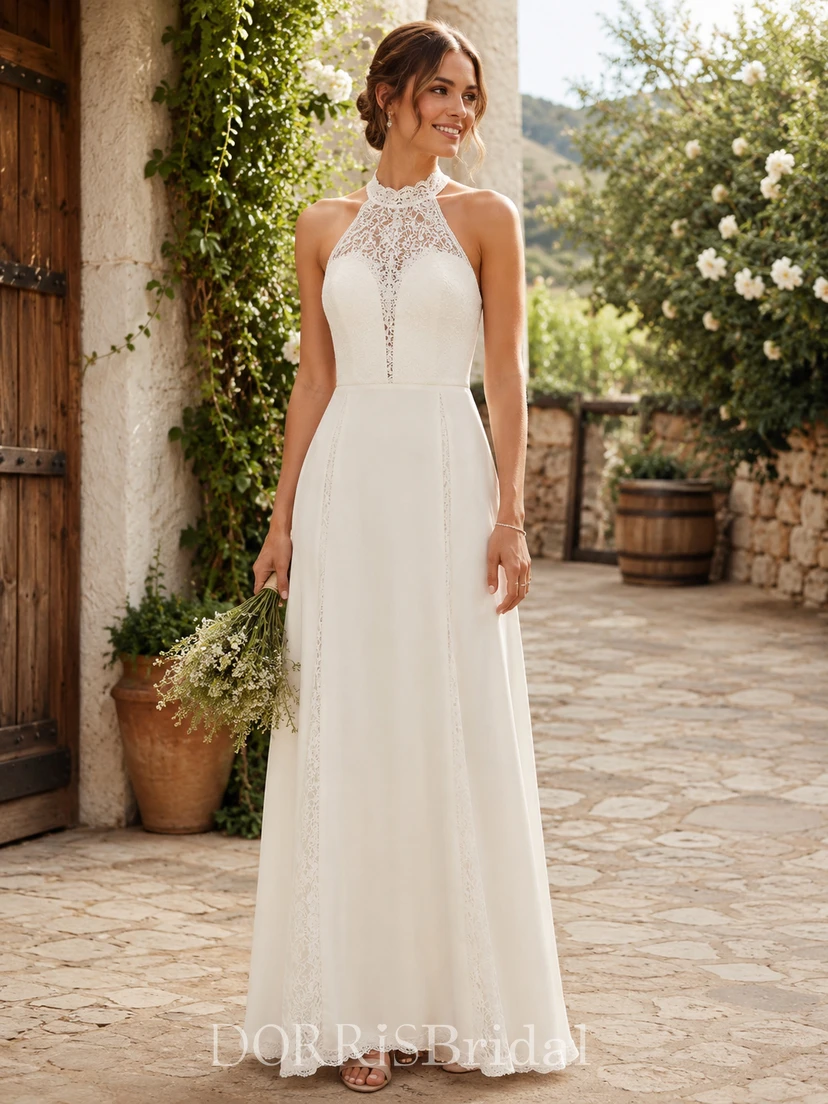 Boho Minimalist Halter Wedding Dress with Illusion Lace High Neck & Elegant A-Line Floor Length Skirt (468918)