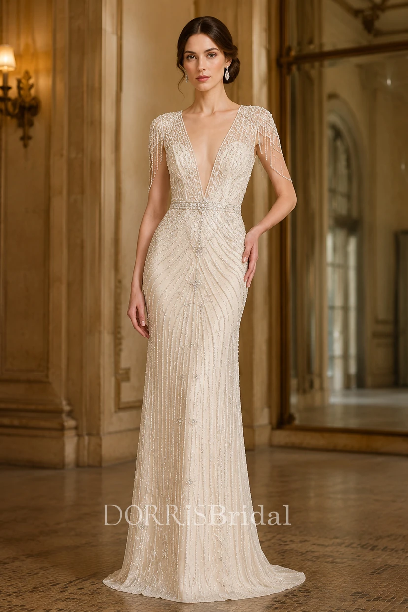 champagne sheath wedding dress Beaded with V-Neck and Low Back (421069) draped design Size:4XL-10/12 Years Lace sheath women dress NEW Ann Taylor Silk