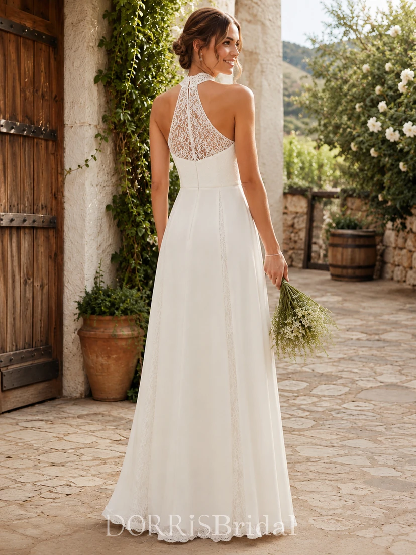 boho halter wedding dress Minimalist with Illusion Lace High Neck & Elegant A-Line Floor Length Skirt (468918) Picture Color