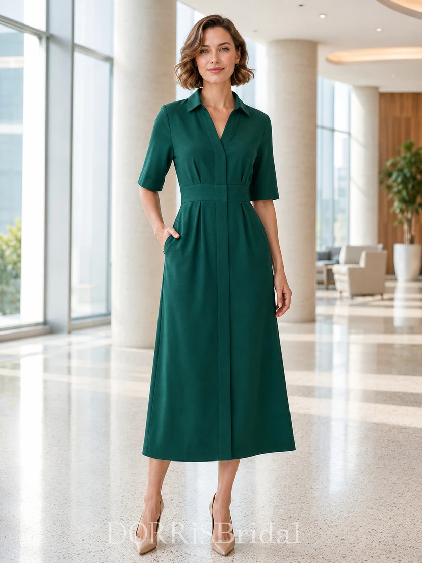 a line corporate dress Emerald V-neck half sleeve A-line midi (355860) Color:Pastel Yellow Floral