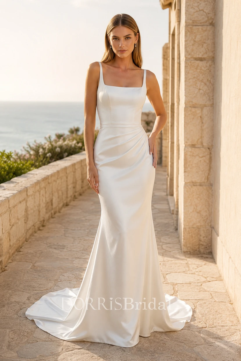 ruched waist wedding dress Ruched Waist Mesh Tube Wedding Dress White / XS