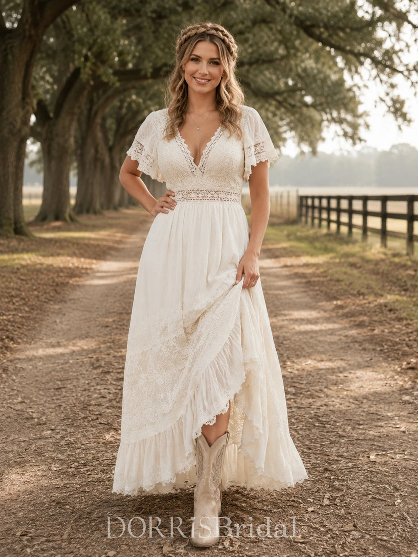 Boho Vintage Tea-Length V-Neck Short Sleeve Tiered Wedding Dress (423307)