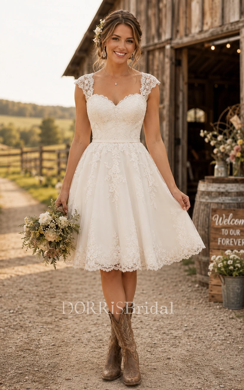 lace knee length wedding dress Knee-Length Cap Sleeve Country with Sweetheart Bodice (467415) below the knee wedding dresses