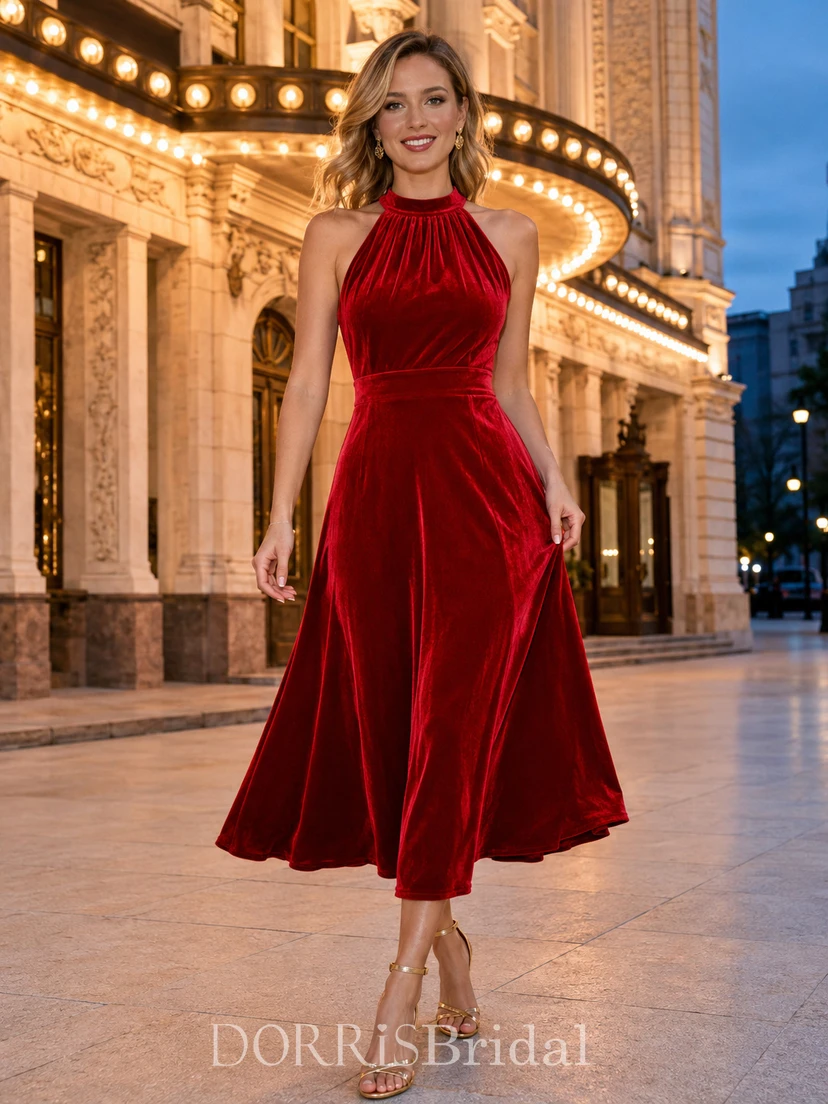 Burgundy halter gathered bodice velvet theater midi dress (359440)