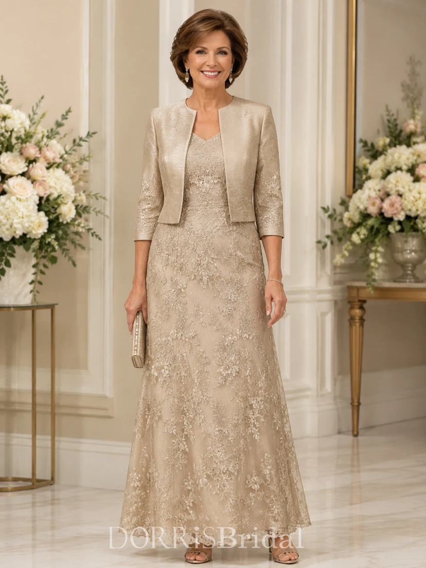 gold mother of the bride dresses with jackets Champagne Mother Of The Bride Dress with Jacket Glitter Lace Bodice Satin Mother Of The Bride Dress