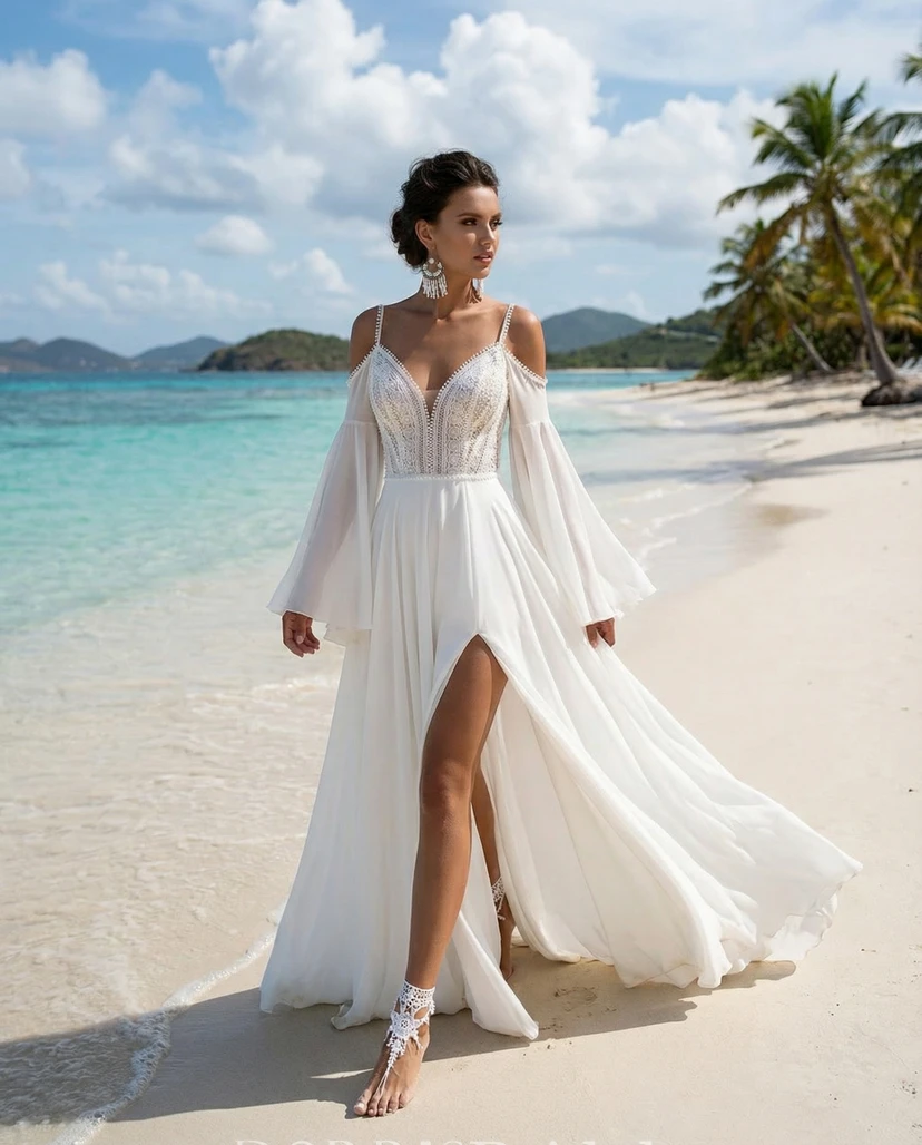 empire beach wedding dresses Front Split Chiffon Bridal Dress (IV_411993) V Back/Straps Alexander Wang Mini Tank Size:14 US Lingerie & panties set Lace