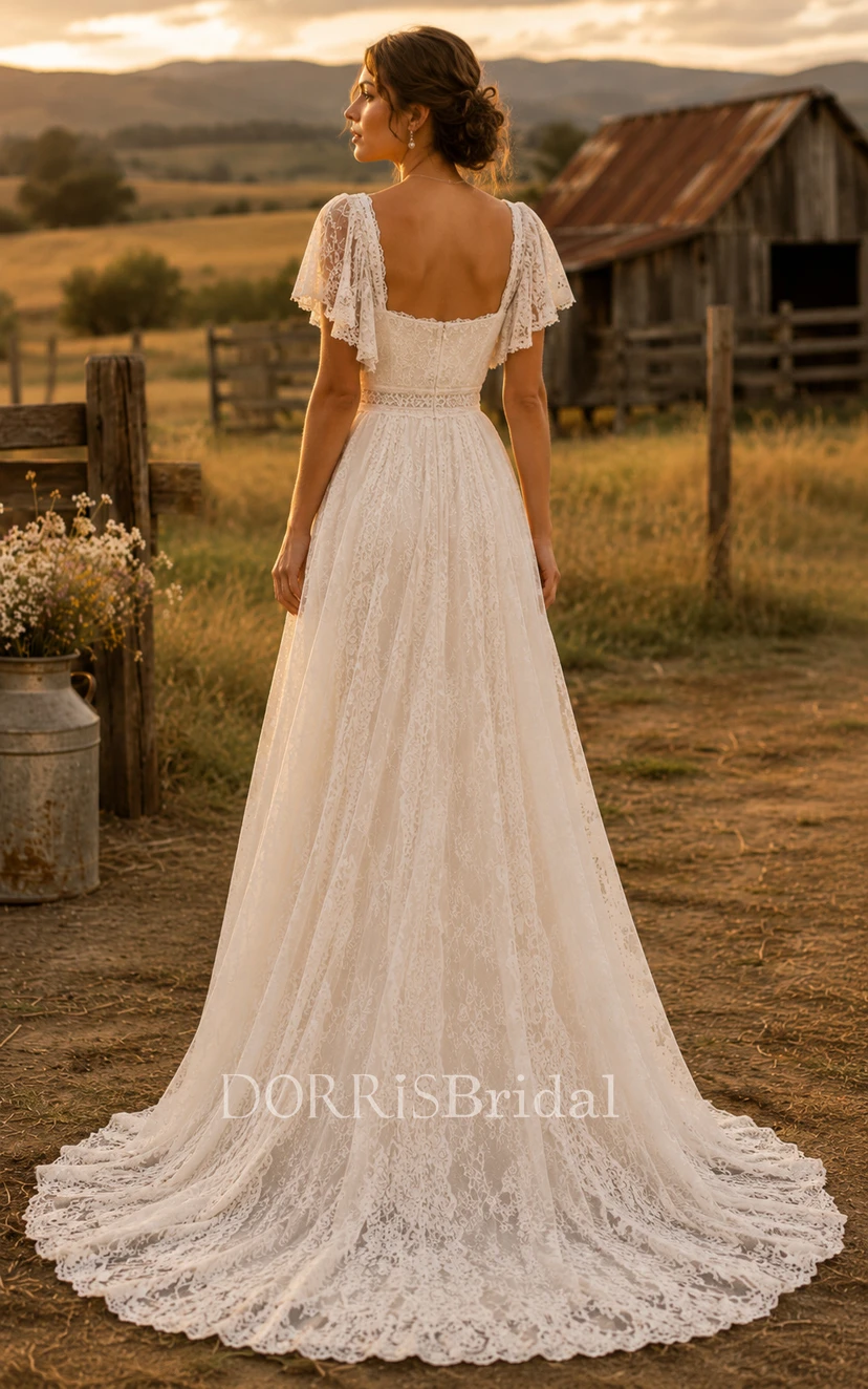 country boho wedding dresses Square Neck A-Line Dress with Lace Flutter Sleeves (467092) under 150 Natural 7 SHIRRED FABRIC + STRAP SOLD SEPARATELY:Yards - Enter desired quantity in cart Romantic Olive Green Silk June bridals