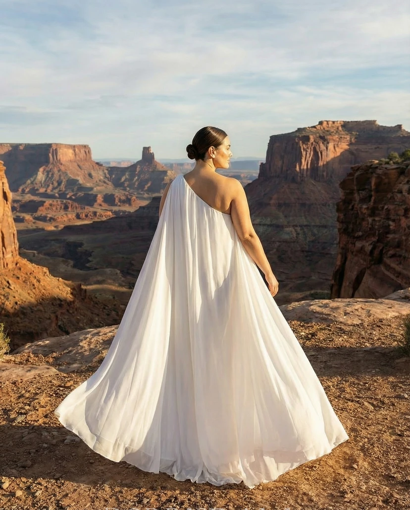 Plus Size One Shoulder Chiffon Wedding Dress with Cape Draped A-Line Skirt (IV_411941)