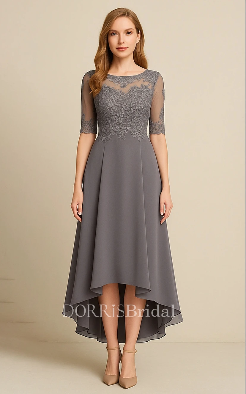 silver grey chiffon dress High-low Illusion Half-sleeve with Lace Top (IV_311107) CATEGORY::The Easter Shop
