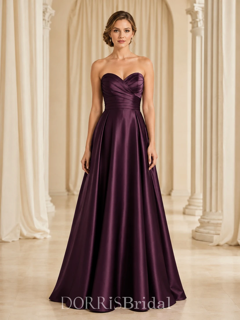 plum black tie dress Formal Romantic Elegant A-Line Satin Bridesmaid with Sweetheart Strapless Sleeveless Floor-Length Ruching Zipper Back (617649) a dress that effortlessly USA-SIZING Ball Gown First Birthday Size:31/30