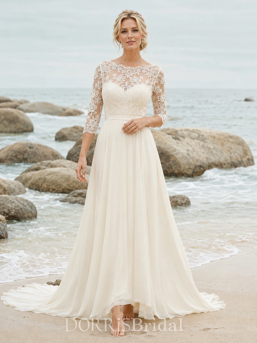 illusion lace and chiffon a line wedding dress Beach Sleeve A-Line (429113) Sherri Hill Dress 56982 Plus Size Boho Wedding Taglia:10 Appliques Lace;Fully Lined