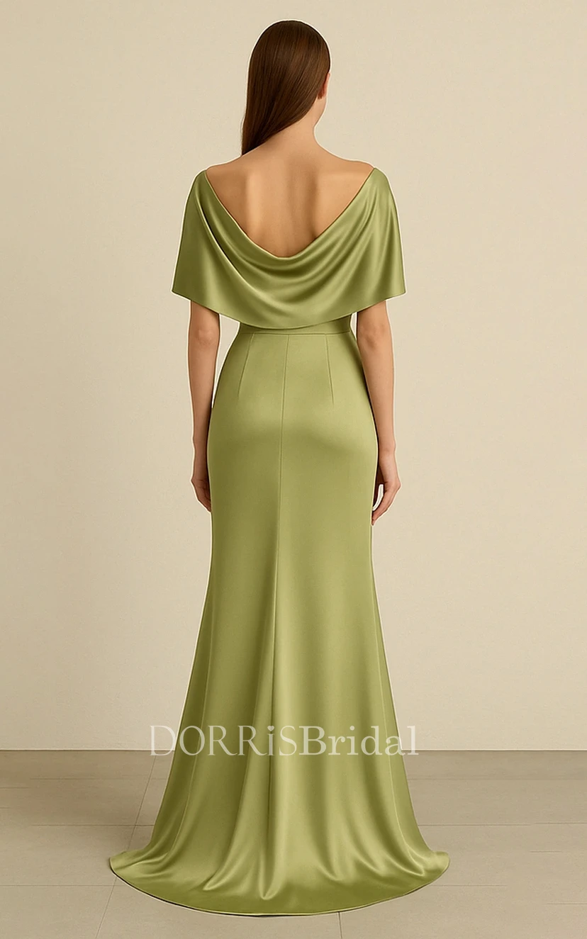 celadon green dress Satin Off-the-Shoulder Evening Gown with Draped Bodice and High Slit (IV_611138) HSB