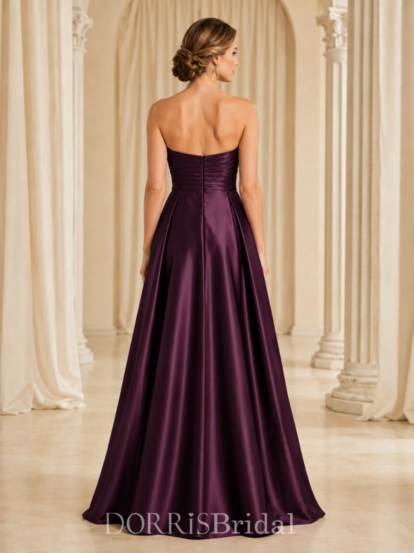 Black Tie Formal Plum Romantic Elegant A-Line Satin Bridesmaid Dress with Sweetheart Strapless Sleeveless Floor-Length Ruching Zipper Back (617649)