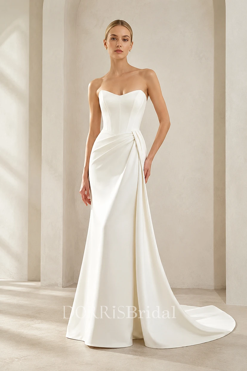 Ivory Strapless Satin Sheath Wedding Dress with Side Drape (421419)