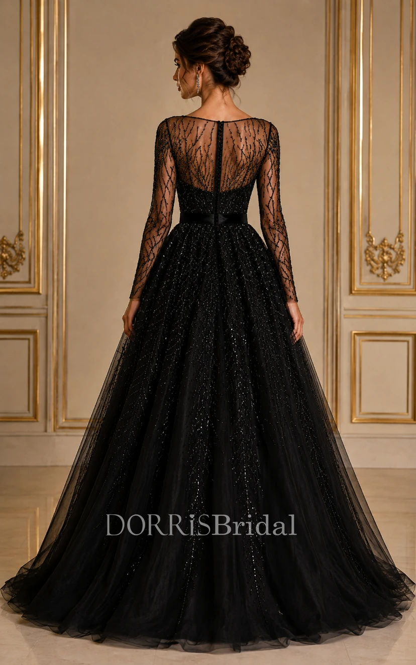 tulle black tie dress Gala with Crystal Beaded Bodice Long Sleeve Ball Gown (334479) Color:Daffodil