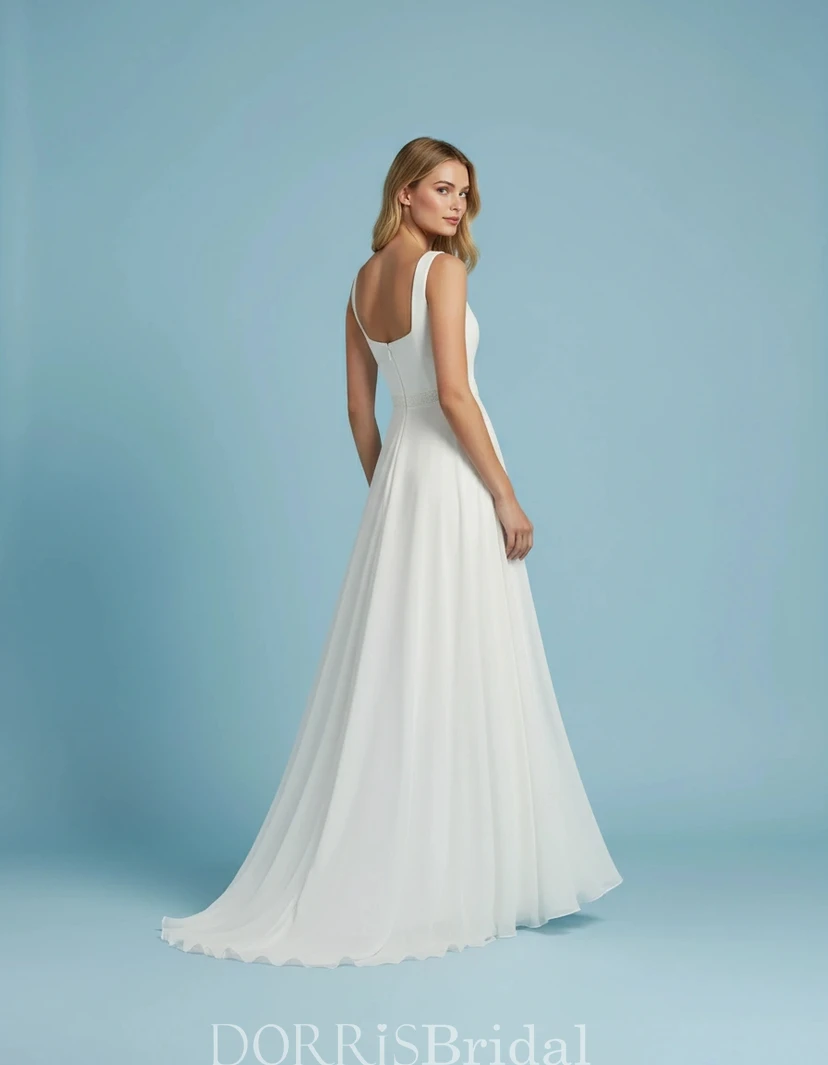 modest white formal dresses Sleeveless Square Neck Chiffon Wedding Dress with Lace Waist (IV_411681) vintage glam
