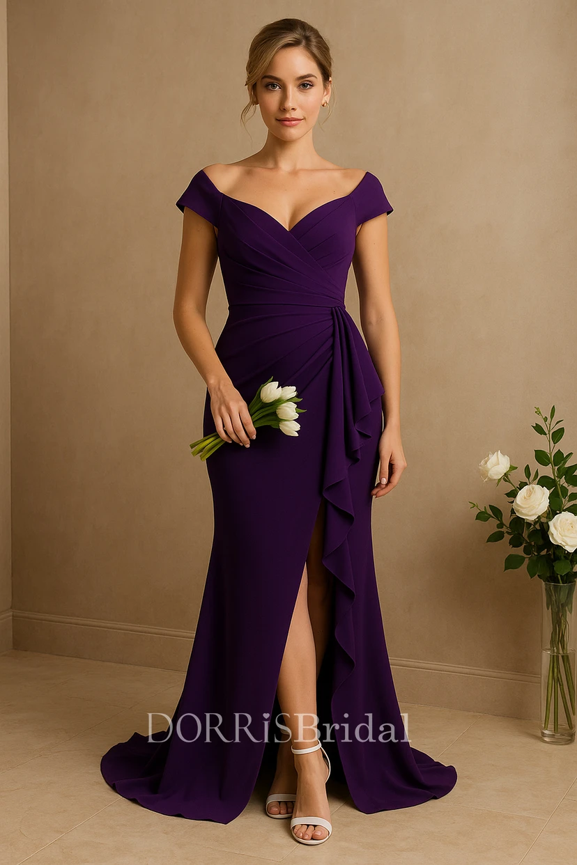 dark purple ruffle dress DOLLY Elegant Retro Style Deep Purple Ruffled Off Shoulder Midi Dress-PINKY XL / Purple