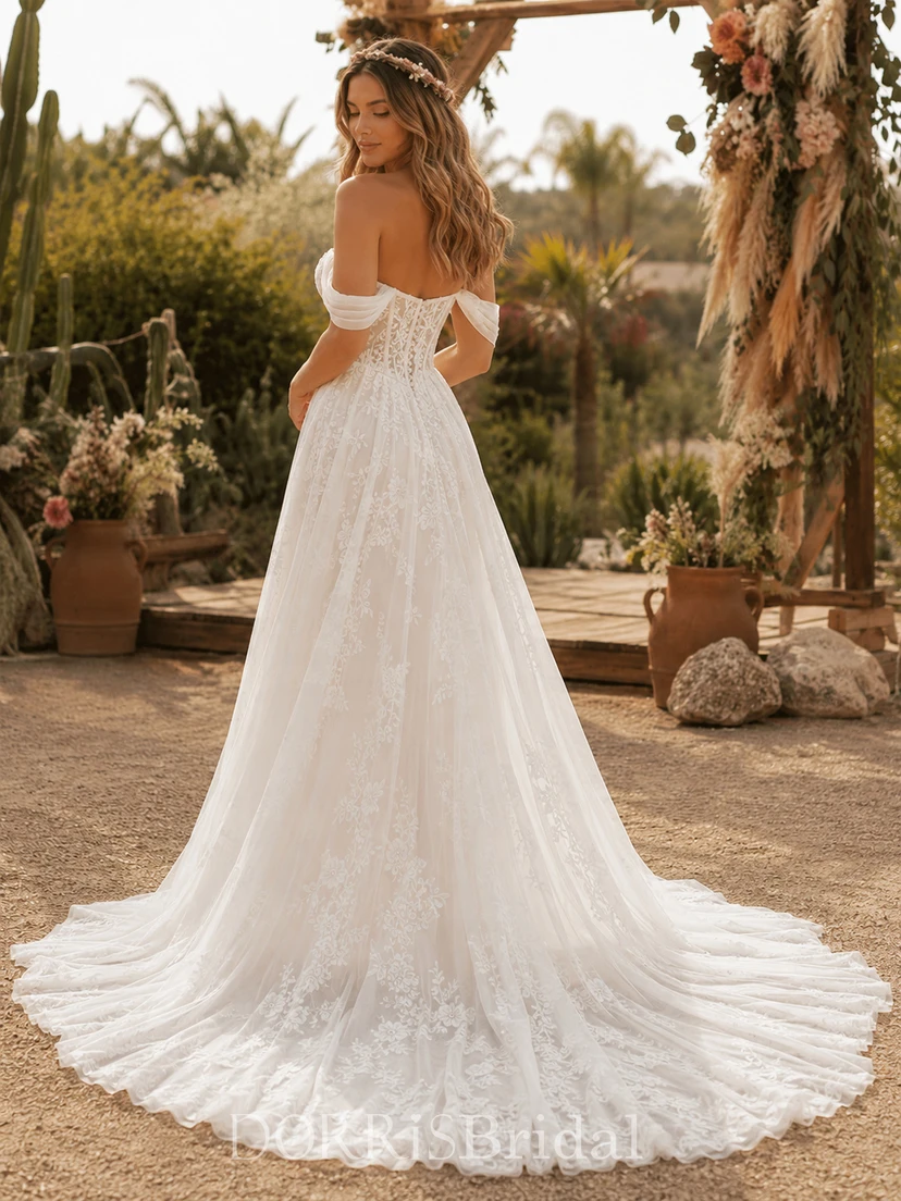 Off-the-Shoulder Boho Wedding Dress with Lace Corset Bodice, Draped Sleeves & Soft A-Line Train (468524)