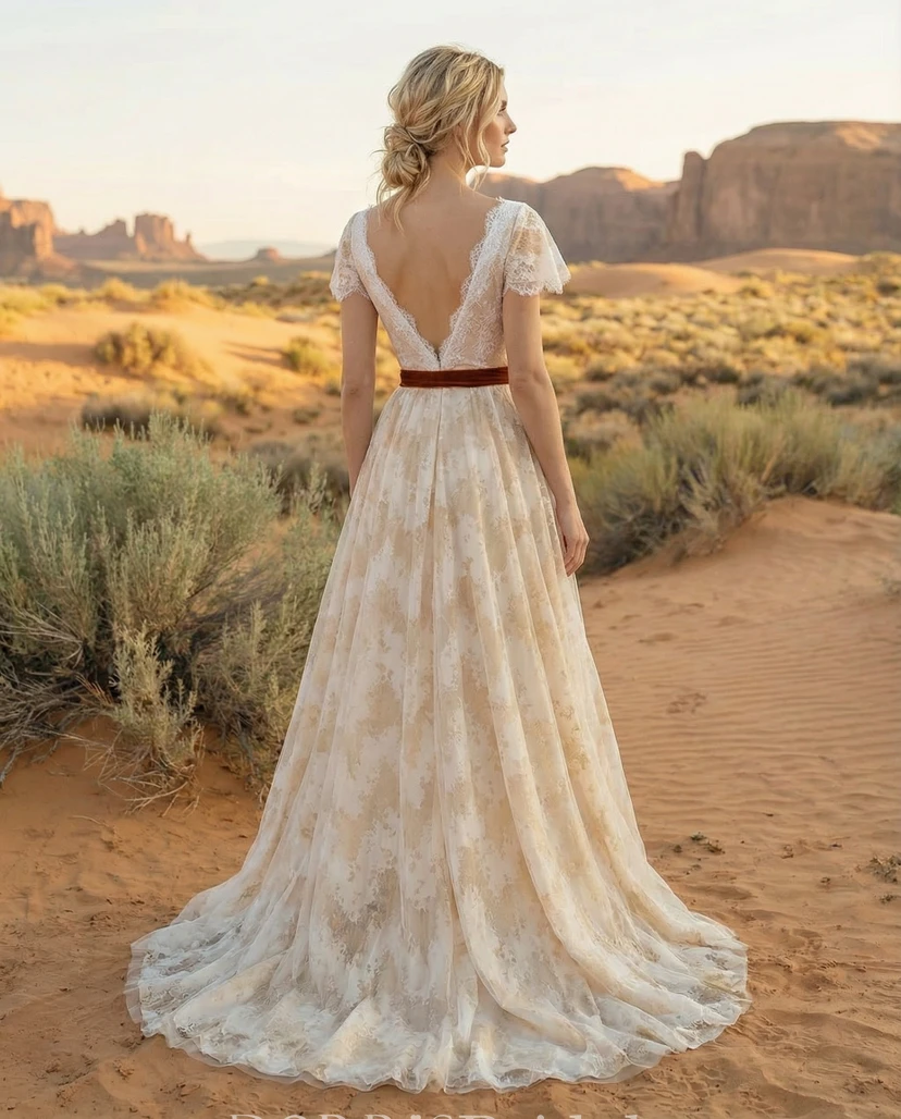Cap Sleeve Western Country Boho Wedding Dress (IV_411518)