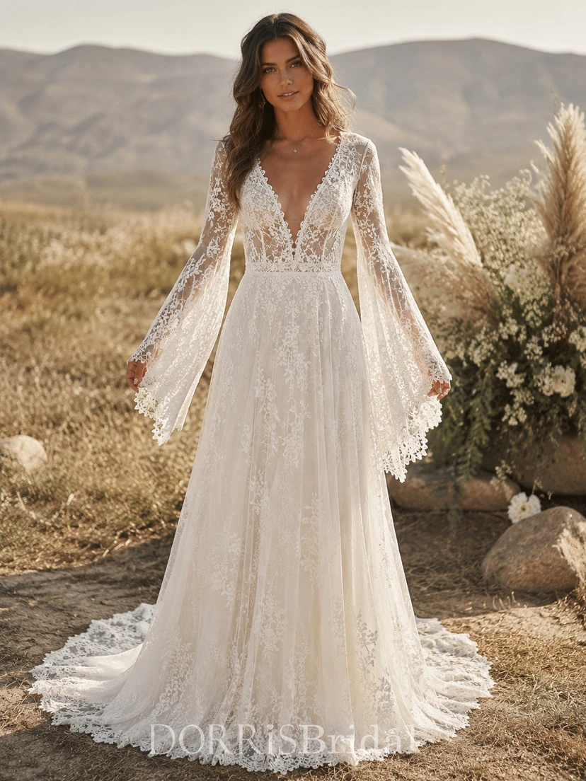 v neck wedding dress with bell sleeves Stacees 2026 Boho Bridal Sheer Floral Appliques open V neckline shows off the decolletage beautifully and opens to your face Boho Lace Wedding Dress with