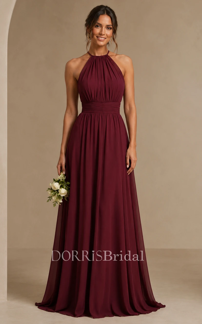 burgundy halter neck bridesmaid dress Burgundy Halter Neck A-line Chiffon Slit Wrap Bridesmaid Dress