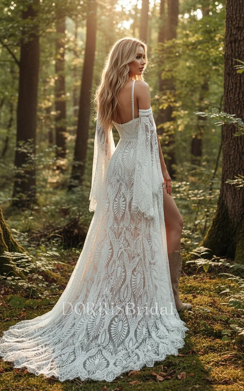 boho woodland wedding dress Country Style Boho Lace Wedding Dresses With Long Sleeves TBW39 -