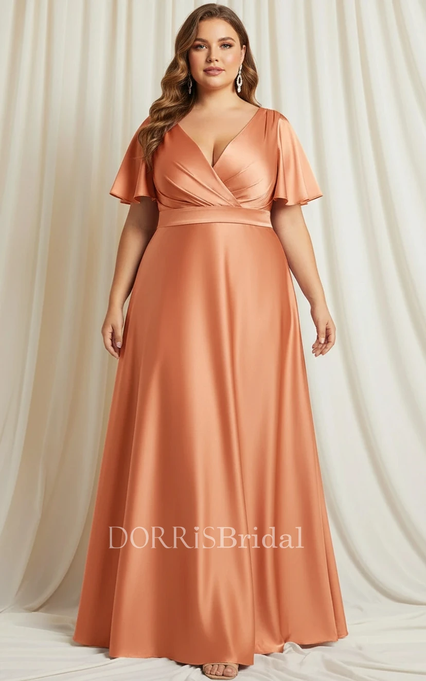 peach dinner dress Plus Size Peach Satin Cape-like Sleeve Floor-length Evening Dress  (IV_311575)