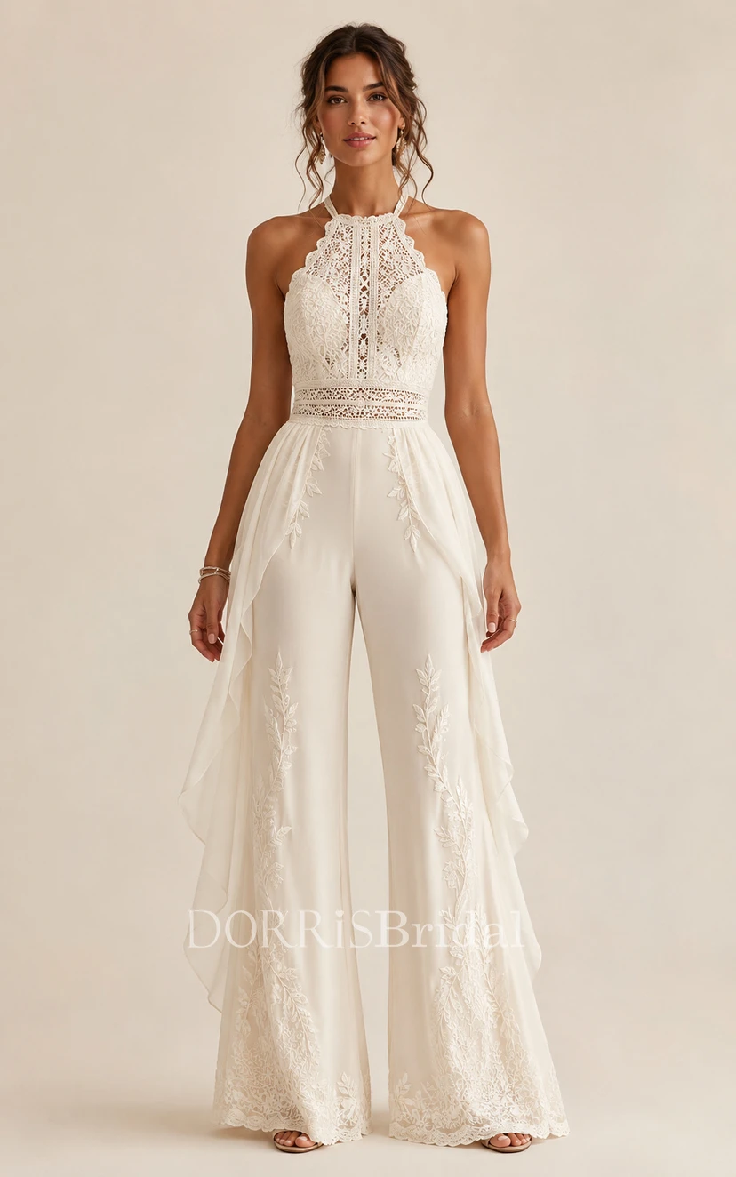 short jumpsuit wedding dress Missacc Ivory Bride Jumpsuit/Pantsuit Illusion Neck 1/2 Sleeves Short Lace/Tulle Wedding Dresses With Appliques Lace