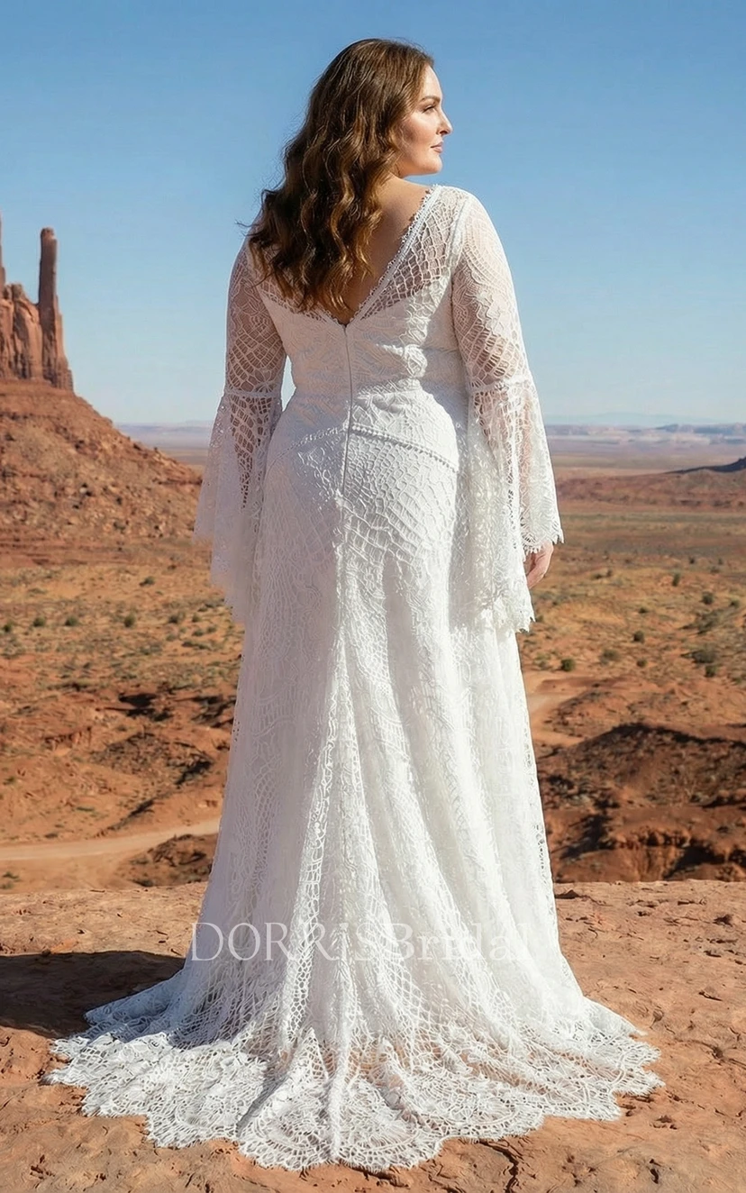 scalloped a line wedding dress Plus Size V Neck Lace Long Sleeve A-Line with Hem (IV_411986) a line strapless dress women Calvin Klein. Slip Dress. SIZE:Custom Size(Add your sizes in the 