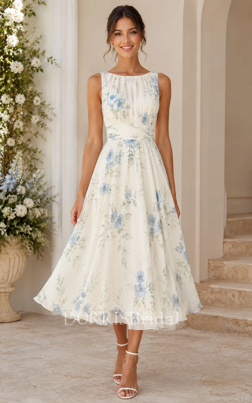 cream colored chiffon dress Cream Floral Bateau Neck Tea-Length Chiffon Dress with Ruched Waist  (339933)