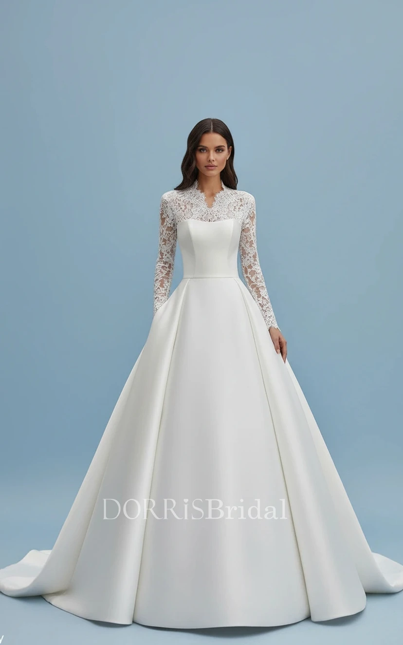 modest white dress satin Timeless Beauty: Modest Simple Satin Lace Wedding Dress with Sleeves Plus Size Size 0 / White / No Veil