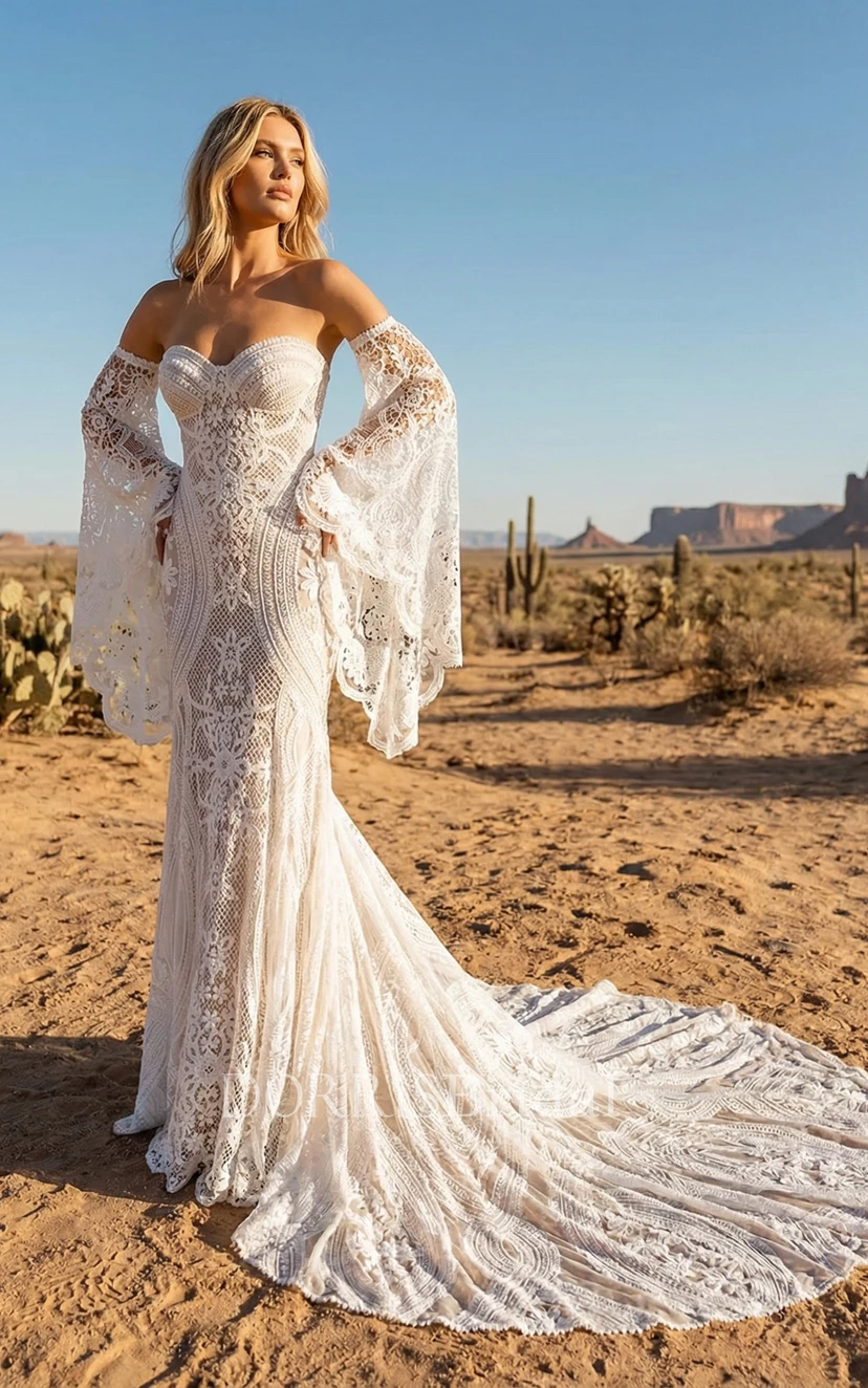 boho lace wedding dress with bell sleeves Carissa Bell Sleeve Lace Wedding Dress