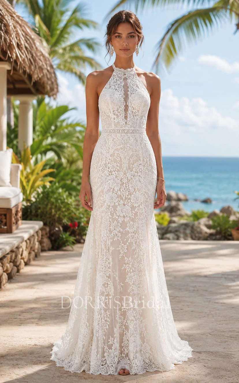 lace high neck halter sheath wedding dress Ivory High Neck Halter Lace Wedding Dress - Open Back Mermaid Wedding Dress with Floral Embroidery Plus Size