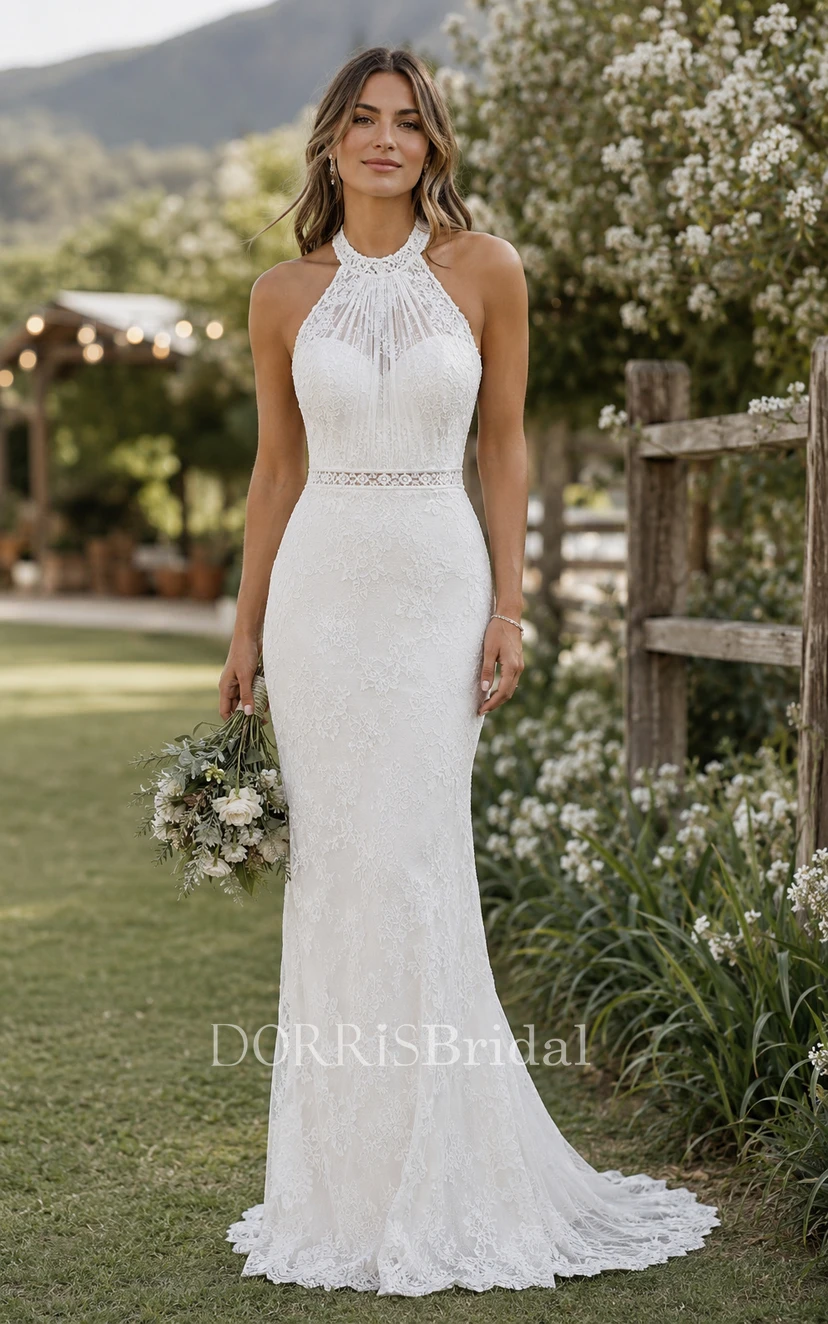 white halter mermaid dress Lace Country Wedding with Illusion Waist and Train (467075) category: Matching Couples