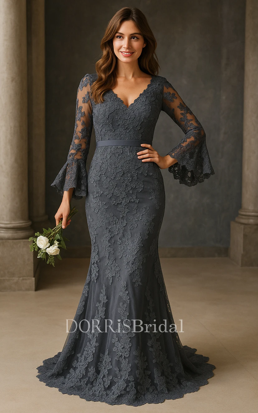 charcoal gray lace dress Dark Gray Tulle Lace High Neck Long Sleeve Backless Flower Girl Dress With  Beading Sequins